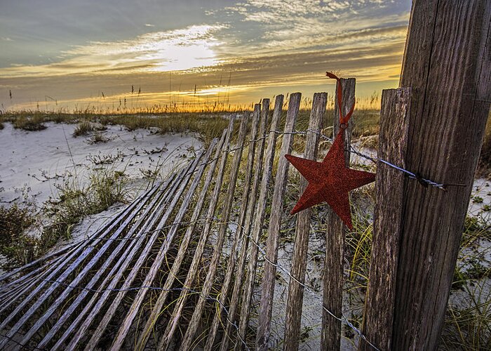 Christmas Greeting Card featuring the digital art Red Star on Fence #1 by Michael Thomas