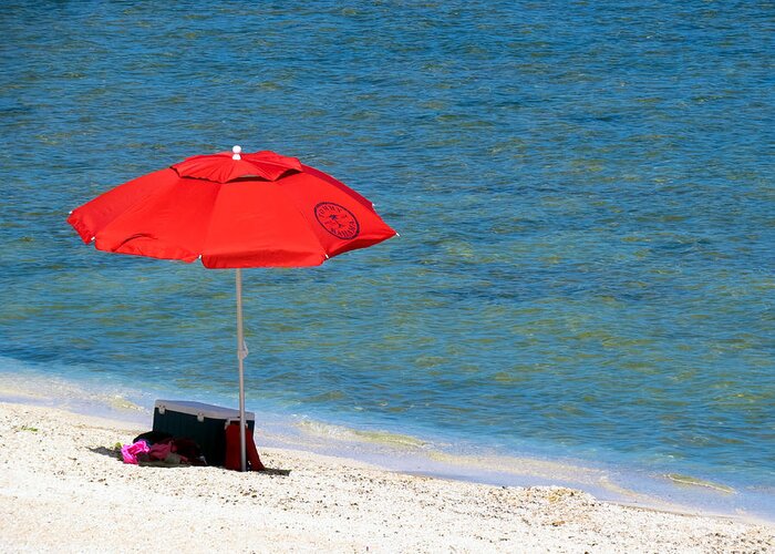 Beach Greeting Card featuring the photograph Red Umbrella by Terry Ann Morris