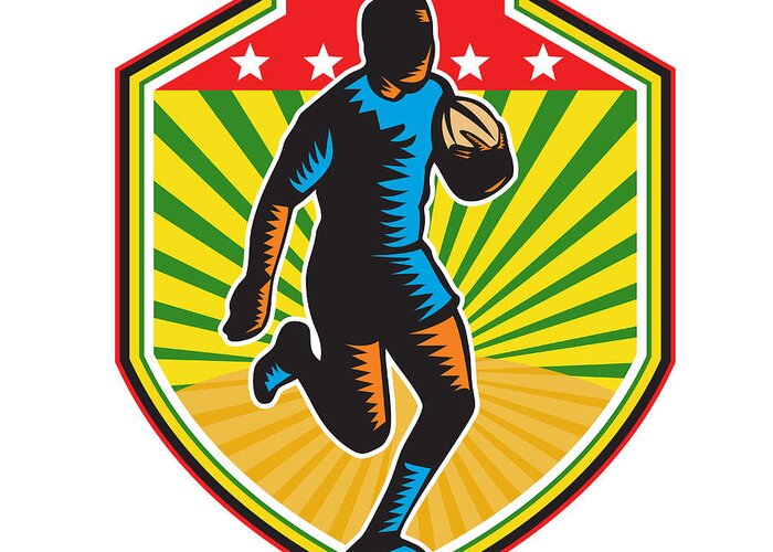 Rugby Greeting Card featuring the digital art Rugby Player Running Ball Shield Retro #1 by Aloysius Patrimonio
