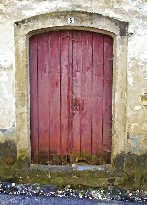Aged Greeting Card featuring the photograph Rustic Red Wood Door of the Medieval Village of Pombal #2 by David Letts