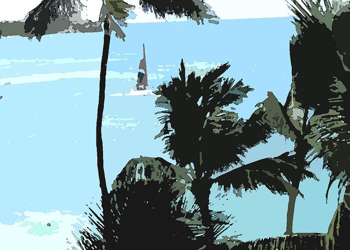 Hawaii Greeting Card featuring the digital art Sailboat and Luscious Palms #1 by Karen Nicholson