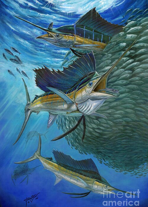 Sailfish Greeting Card featuring the painting Sailfish With A Ball Of Bait by Terry Fox