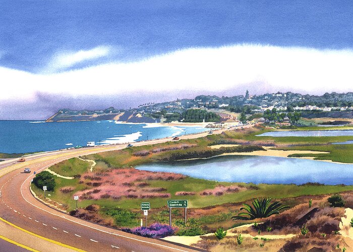 San Elijo Greeting Card featuring the painting San Elijo and Hwy 101 by Mary Helmreich