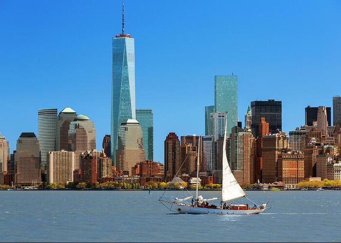 Lower Manhattan Greeting Card featuring the photograph Skyline Of New York With One World #1 by Sylvain Sonnet