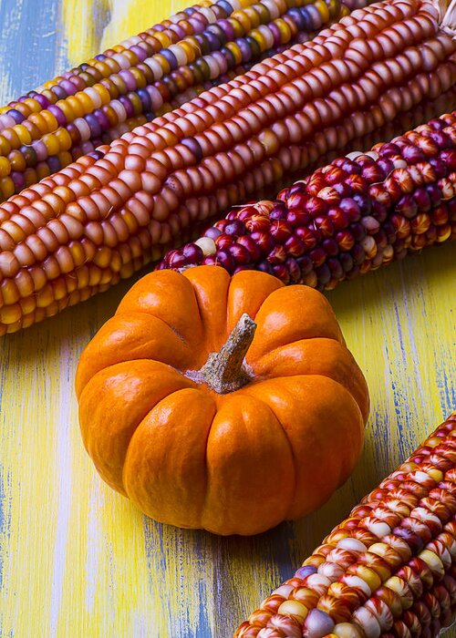 Indian Greeting Card featuring the photograph Small pumpkin and Indian corn #2 by Garry Gay