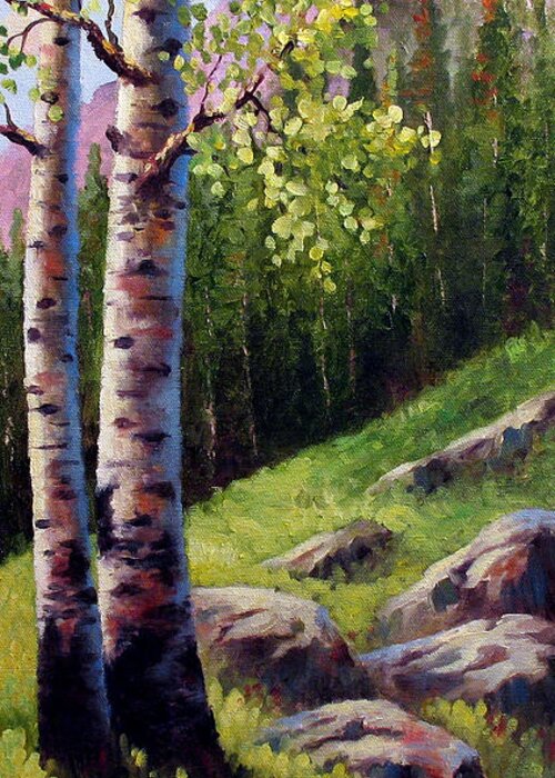 Aspen Greeting Card featuring the painting Springtime Aspens #2 by David G Paul