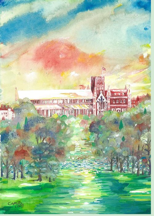St Albans Greeting Card featuring the painting St Albans Abbey - Sunset by Giovanni Caputo