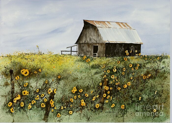 A Weathered Barn Is Surrounded By A Field Of Sunflowers. The Kansas Wind Sets Them In Motion For Their Summer Ballet. Greeting Card featuring the painting Summer Ballet by Monte Toon
