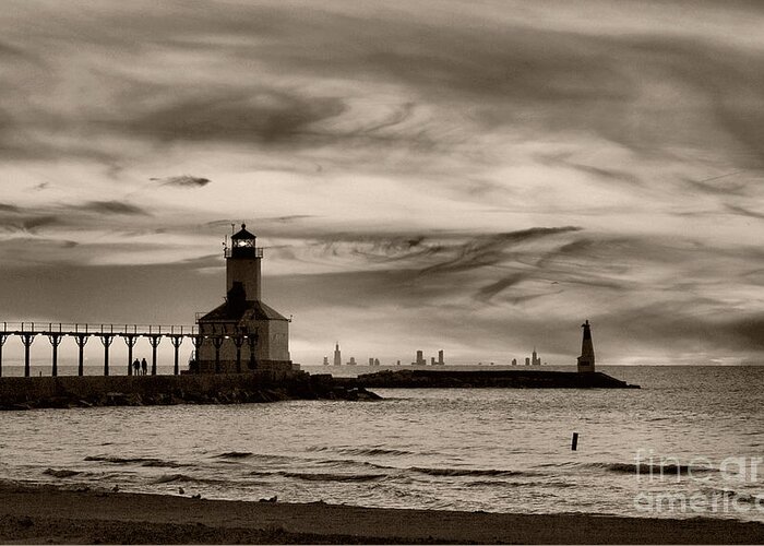Lighthouse Greeting Card featuring the photograph Sunset Walk at Michigan City by Brett Maniscalco