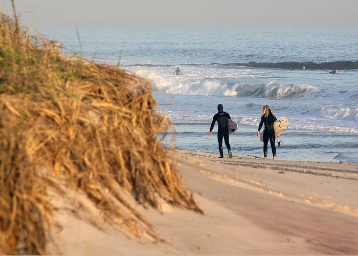 Surfers At Beach Greeting Card featuring the photograph Surfers at Beach Westhampton New York #1 by Bob Savage