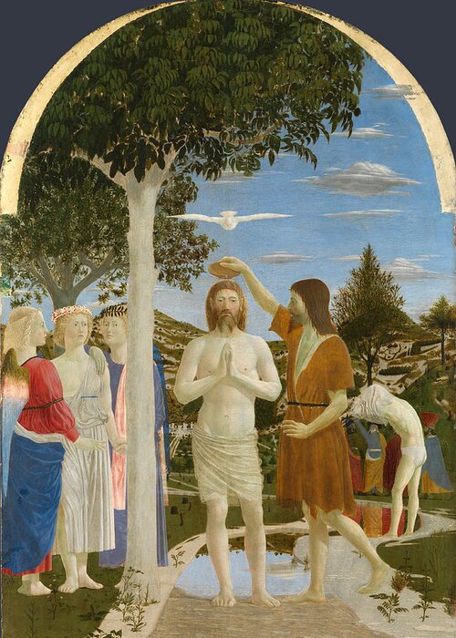 Piero Della Francesca Greeting Card featuring the painting The Baptism of Christ #3 by Piero della Francesca