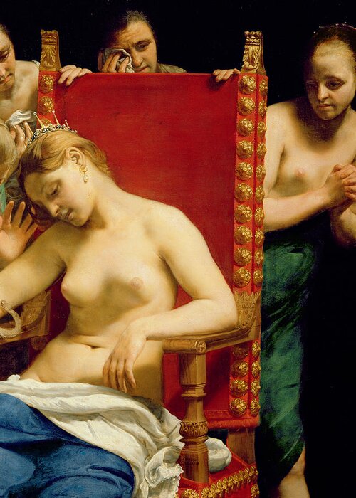 Female Greeting Card featuring the painting The Death of Cleopatra by Guido Cagnacci