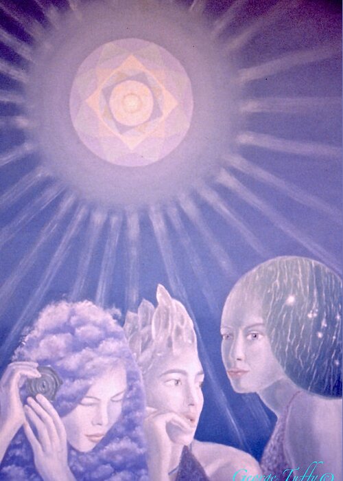 Surrealistic Painting Greeting Card featuring the painting Three Graces in blue #2 by George Tuffy