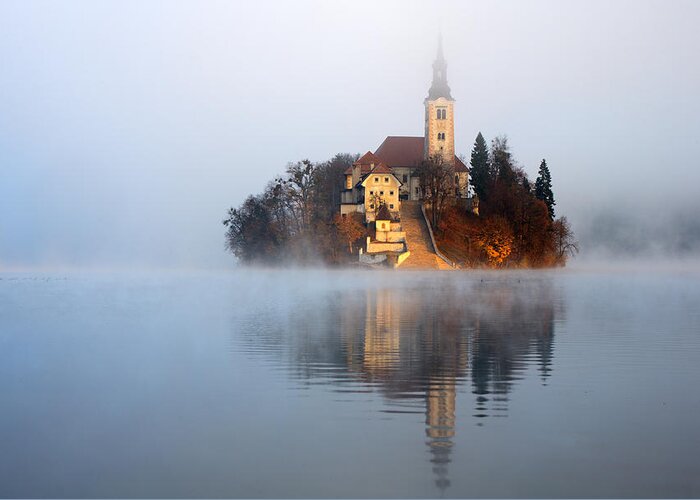 Bled Greeting Card featuring the photograph Through the mist #1 by Ian Middleton