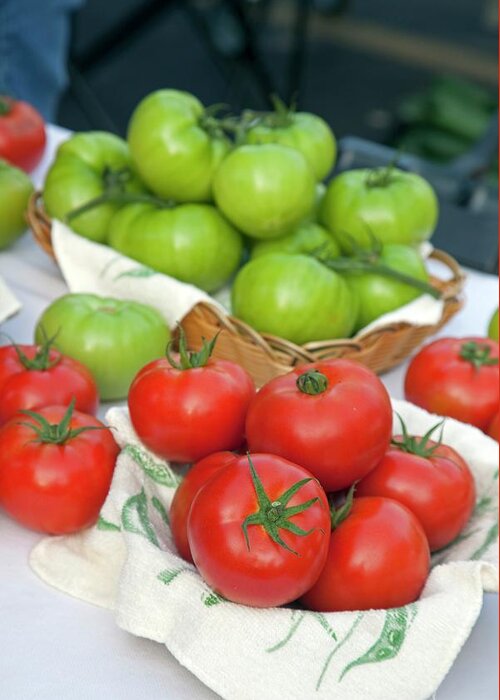 Food Greeting Card featuring the photograph Tomatoes On Sale At A Farmers Market #1 by Jim West