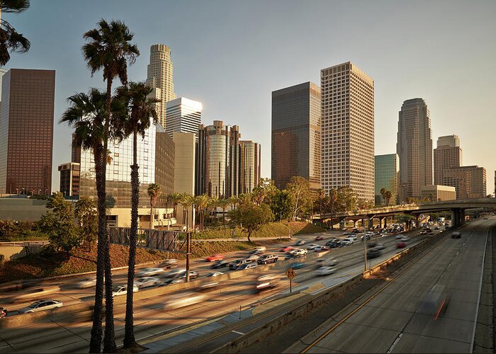 Downtown District Greeting Card featuring the photograph Traffic In Downtown Los Angeles #1 by Steve Lewis Stock