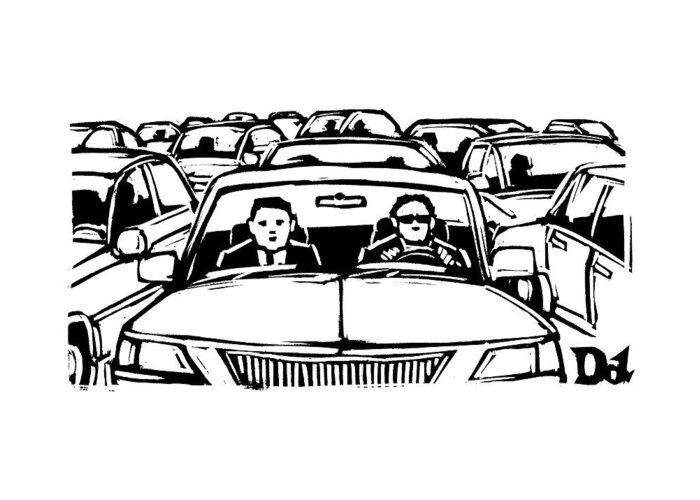 Traffic Jams Greeting Card featuring the drawing Two Men In A Car Are Stuck In Traffic #1 by Drew Dernavich