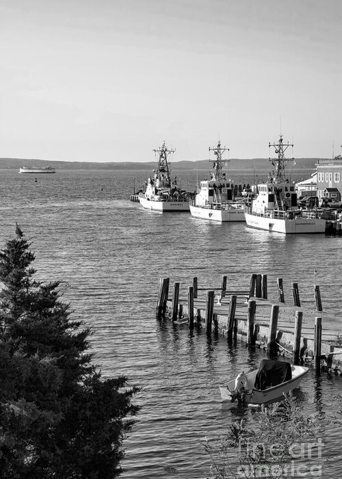 Cape Cod Greeting Card featuring the photograph US Coast Guard cutters in a harbor at Woods Hole on Cape Cod Massachusetts. #1 by William Kuta