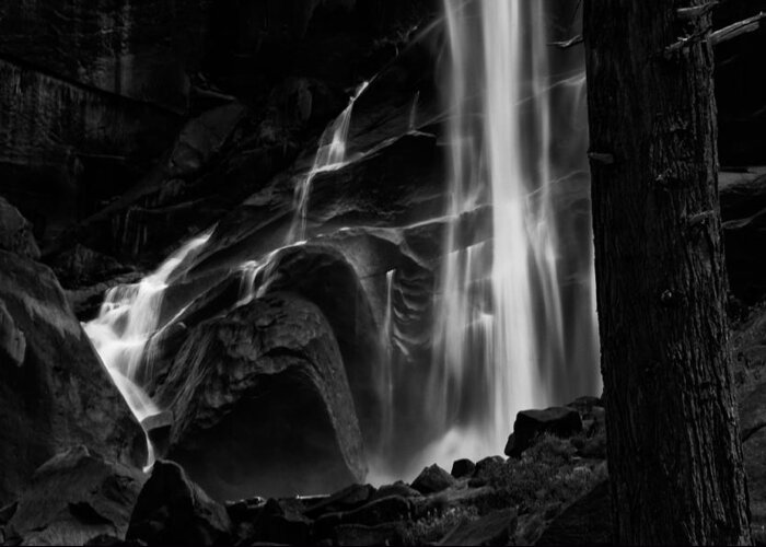 Water River Waterfall Mountains Yosemite National Park Sierra Nevada Landscape Scenic Nature California Sky Clouds Black White Greeting Card featuring the photograph Vernal Falls #1 by Cat Connor