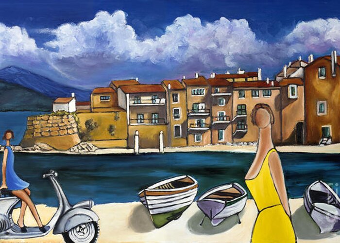 Vespa Greeting Card featuring the painting Vespa and French Cove #1 by William Cain