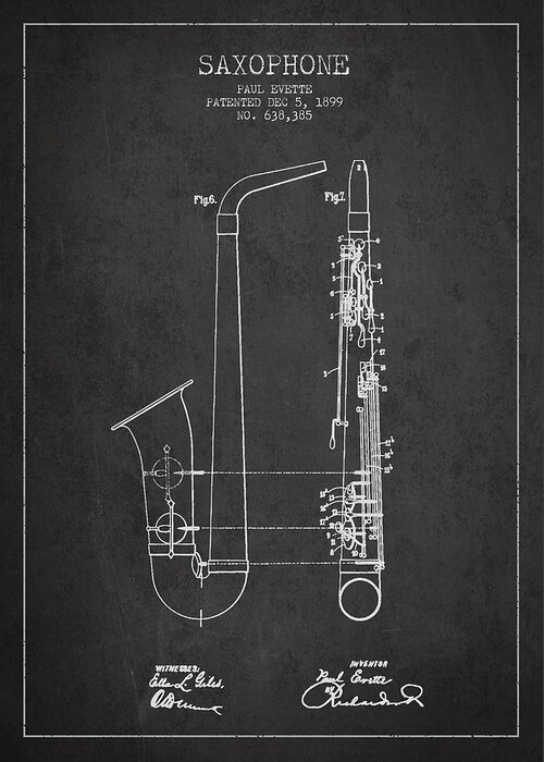 Saxophone Greeting Card featuring the digital art Saxophone Patent Drawing From 1899 - Dark by Aged Pixel