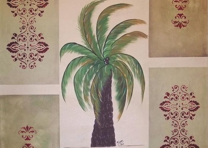 Tuscan Greeting Card featuring the painting Windy Day Palm #1 by Cindy Micklos