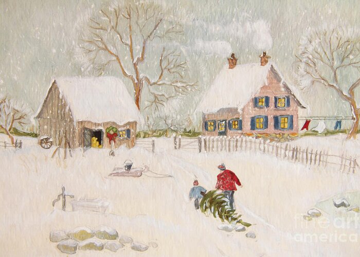 Winter Greeting Card featuring the photograph Winter scene of a farm with people/ digitally altered by Sandra Cunningham