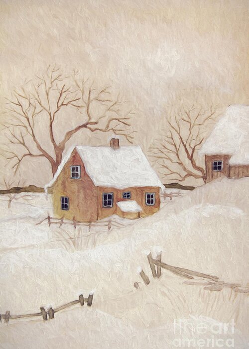 Winter Greeting Card featuring the photograph Winter scene with farmhouse/ digitally altered by Sandra Cunningham