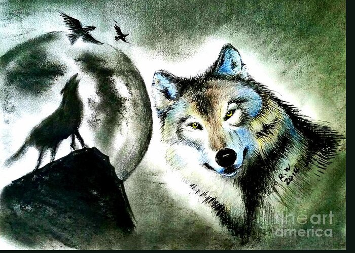 Wolf With Moon Night. Wild Animals. Wolf..wildlife. Pencil Drawing. Night . Birds. Rose Wang Art. Custome Order. Greeting Cards. Women Art. Natural Beauty. Landscape. Greeting Card featuring the painting Wolf #1 by Rose Wang