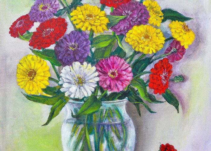 Zinnias Greeting Card featuring the painting Old Fashioned Zinnias by Rand Burns