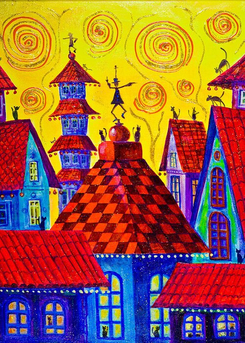 Magic Town Greeting Card featuring the painting 1099 Magic Town 4 - gilded by Maxim Komissarchik