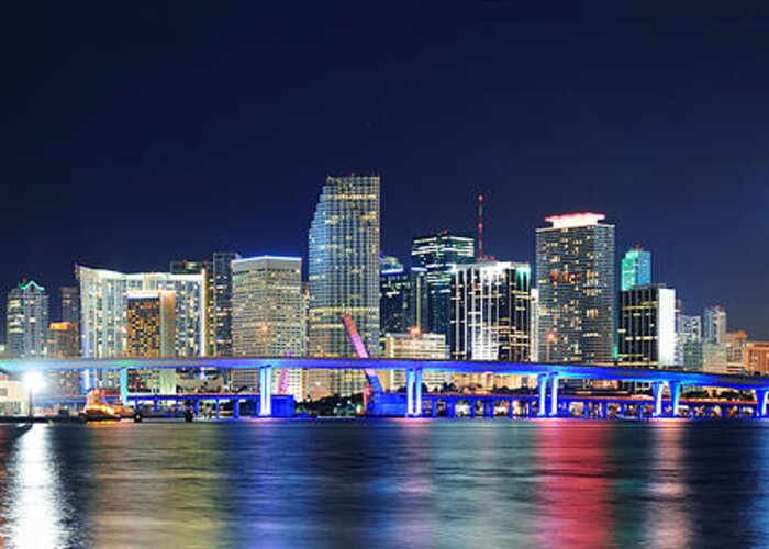 Miami Greeting Card featuring the photograph Miami night scene #13 by Songquan Deng