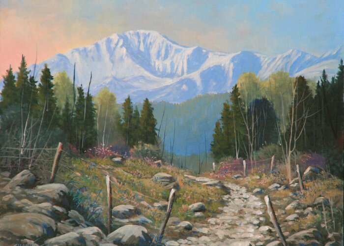 Pikes Peak Greeting Card featuring the painting 130615-1114 High Trail - Pikes Peak by Kenneth Shanika