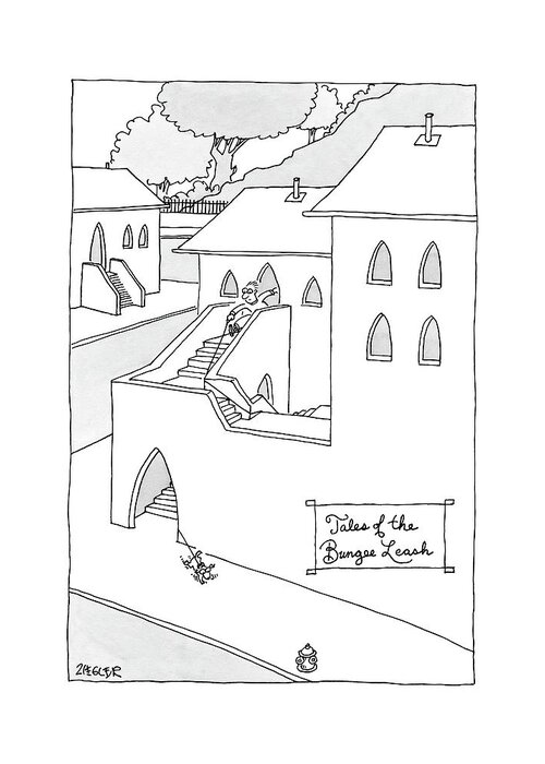 Pets Problems Architecture Inventions Bungee Cord

(man Following Dog Who's Leash Is Entangled On Winding Staircase.) 121503 Jzi Jack Ziegler Greeting Card featuring the drawing Tales Of The Bungee Leash by Jack Ziegler