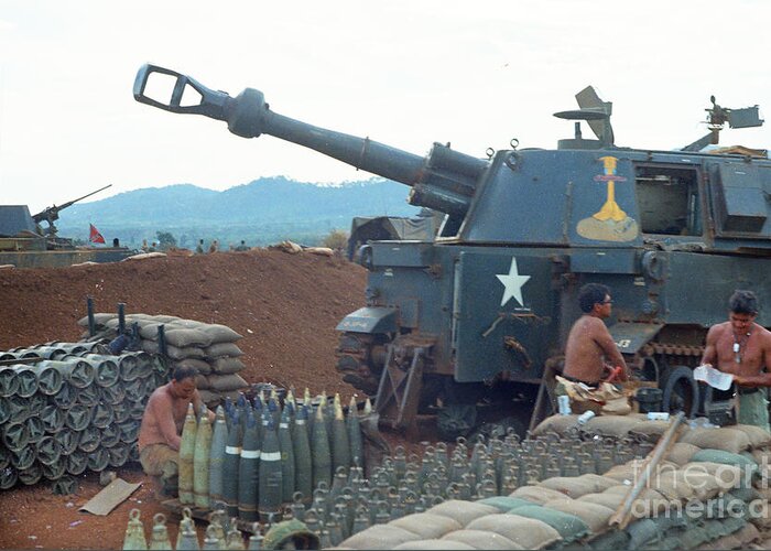 M109 Greeting Card featuring the photograph 155mm M109 SP howitzer 5th 16th Field Artillery 4th Infantry Division Pielku Vietnam 1968 by Monterey County Historical Society