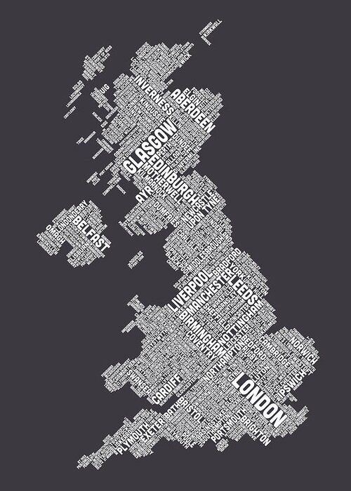 United Kingdom Greeting Card featuring the digital art Great Britain UK City Text Map #16 by Michael Tompsett