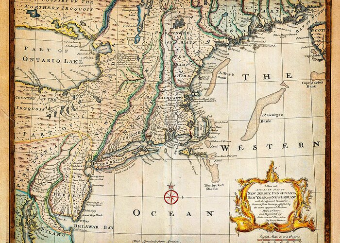 1747 Bowen Map Of New Jersey Pennsylvania New York And New England Geographicus Newyorknewengland Bowen 1747 Greeting Card featuring the painting 1747 Bowen Map of New Jersey Pennsylvania New York and New England Geographicus NewYorkNewEngland bo by MotionAge Designs