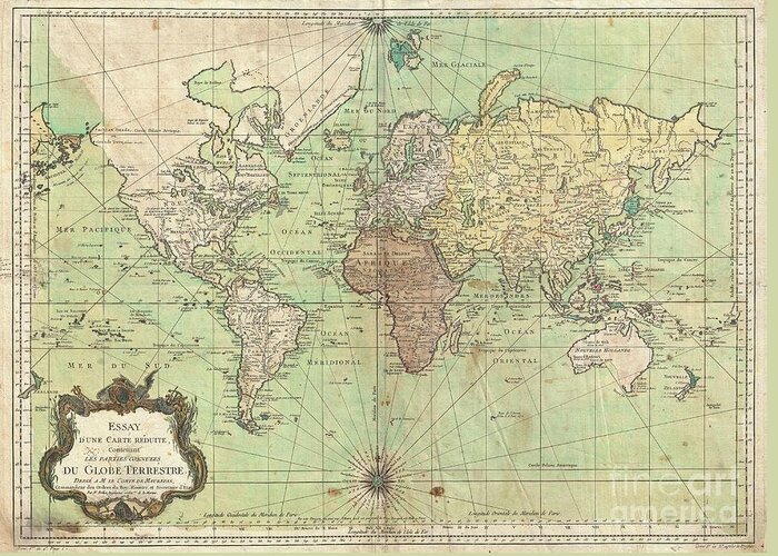  Greeting Card featuring the photograph 1778 Bellin Nautical Chart or Map of the World by Paul Fearn