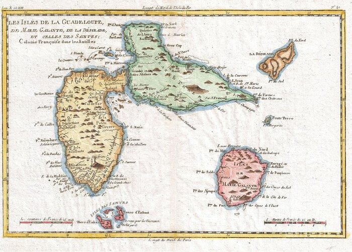 A Fine Example Of Rigobert Bonne And Guilleme Raynal’s 1780 Map Of The Guadeloupe Islands Greeting Card featuring the photograph 1780 Raynal and Bonne Map of Guadeloupe West Indies by Paul Fearn