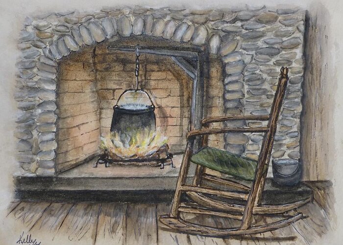 Fireplace Greeting Card featuring the painting 1800s Cozy Cooking .... Fire Place by Kelly Mills