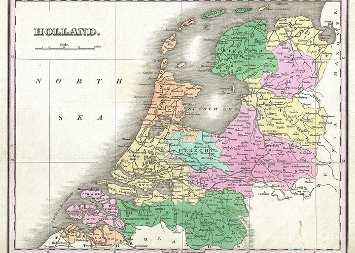 A Beautiful Example Of Finley's Important 1827 Map Of Holland Or The Netherlands. Covers The Region Friesland South To Dutch Flanders And Brabant. Identifies Numerous Cities Greeting Card featuring the photograph 1827 Finley Map of Holland or the Netherlands by Paul Fearn
