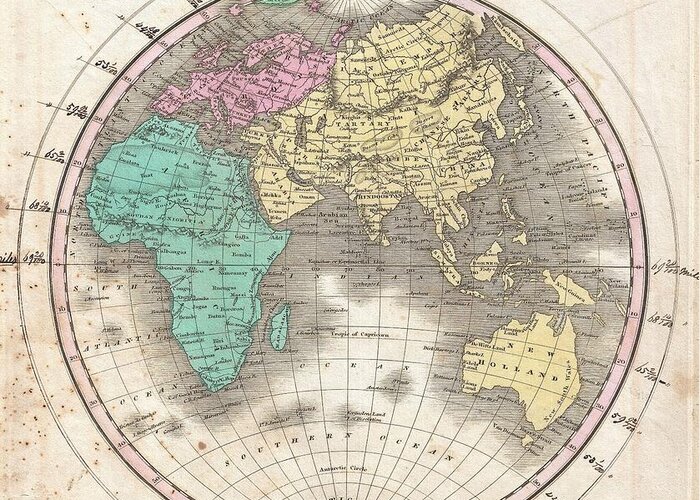 This Is Finley’s Desirable 1827 Map Of The Eastern Hemisphere. Includes Africa Greeting Card featuring the photograph 1827 Finley Map of the Eastern Hemisphere by Paul Fearn