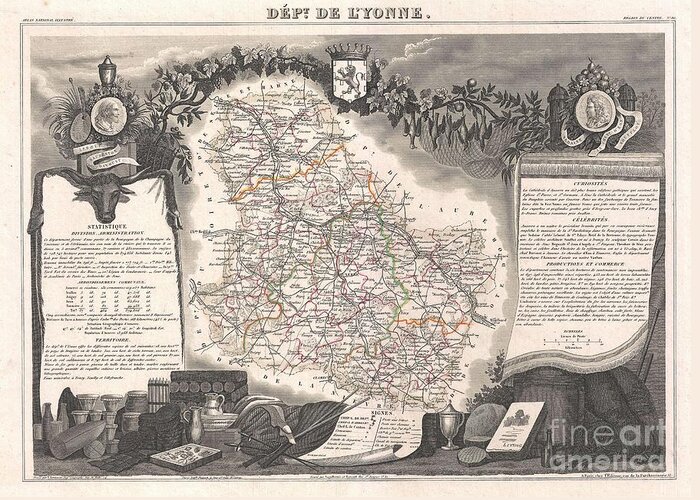 This Is A Fascinating 1852 Map Of The French Department Of L'yonne Greeting Card featuring the photograph 1852 Levasseur Map of the Department De LYonne by Paul Fearn