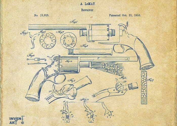 Lemat Greeting Card featuring the digital art 1856 LeMat Revolver Patent Artwork Vintage by Nikki Marie Smith