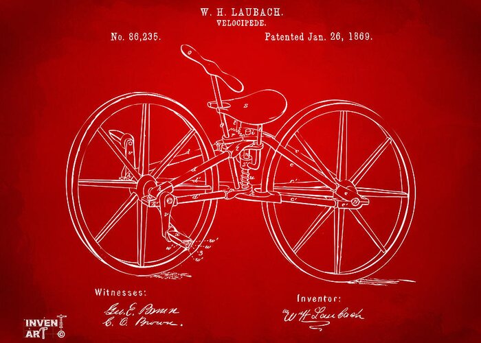 Bicycle Greeting Card featuring the digital art 1869 Velocipede Bicycle Patent Artwork Red by Nikki Marie Smith