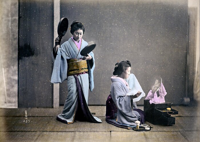 Japan Greeting Card featuring the photograph 1870 Geisha Girls Dressing Room by Historic Image