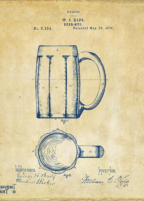 Beer Mug Greeting Card featuring the digital art 1876 Beer Mug Patent Artwork - Vintage by Nikki Marie Smith