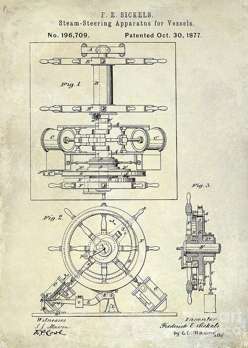 1877 Steering Apparatus For Vessels Patent Drawing Blue Greeting Card featuring the photograph 1877 Steering Apparatus for Vessels Patent Drawing by Jon Neidert