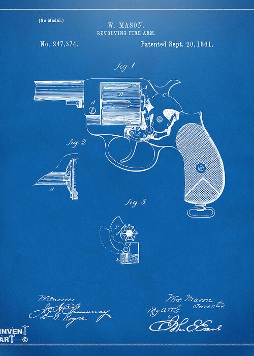 Colt Greeting Card featuring the digital art 1881 Mason Revolving Fire Arm Patent Artwork Blueprint by Nikki Marie Smith