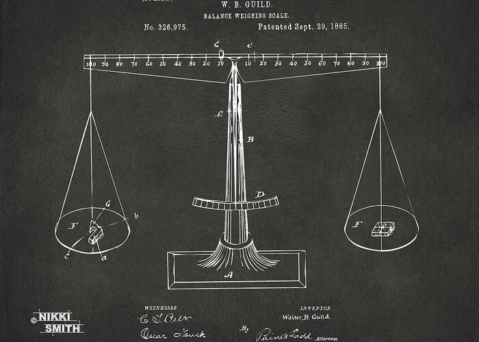 Justice Greeting Card featuring the digital art 1885 Balance Weighing Scale Patent Artwork - Gray by Nikki Marie Smith